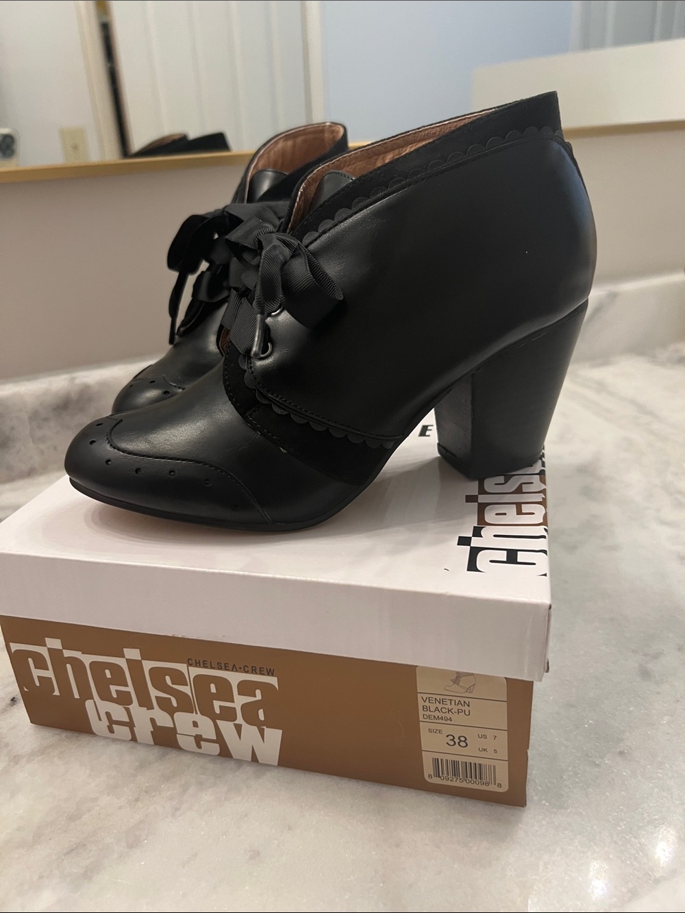 chelsea crew Black Scalloped Lace-Up Block Heel Booties